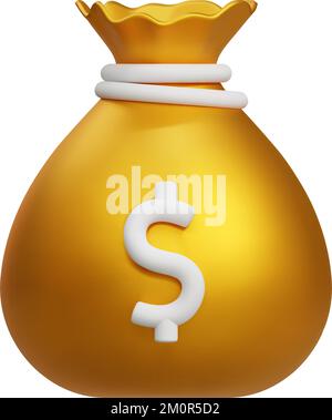 3D money bag with dollar sign and falling green paper currency and gold ...