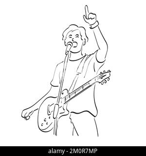 male rocker singer with electric guitar pointing up illustration vector hand drawn isolated on white background line art. Stock Vector