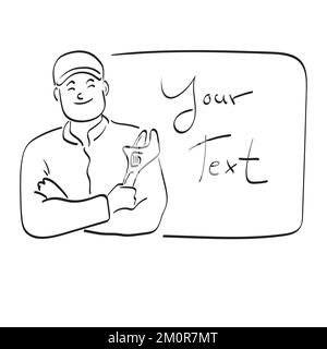 service man with arms crossed holding wrench and copy space for text illustration vector hand drawn isolated on white background line art. Stock Vector