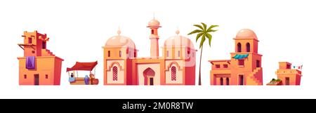 Arab city buildings, islamic town houses, castle and market. Old traditional arabic architecture, stone muslim buildings isolated on white background, vector cartoon illustration Stock Vector