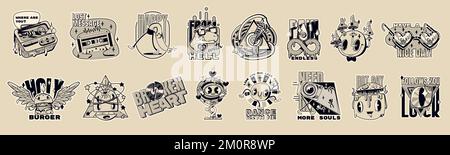Retro psychedelic stickers, abstract comic patches and emoji in y2k style. Monochrome icons with mushrooms, smiling faces, vintage cassette, pager, dinosaur and burger, vector cartoon set Stock Vector