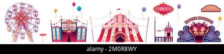 Carnival fair, amusement park with circus tent, ferris wheel, house of horror and hall of mirrors. Funfair tents and attractions, ticket booth, signs and balloons, vector cartoon set Stock Vector