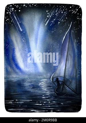 Landscape of the night ocean and starfall. Watercolor painting. Stock Photo