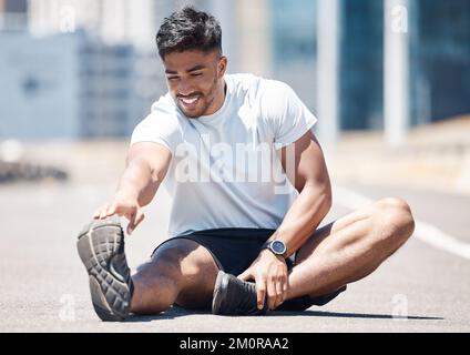 Health, fitness and black man stretching legs outdoors on city