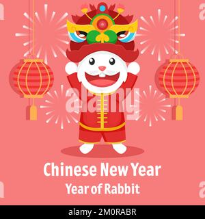 flat design chinese new year with rabbit holding lion dance head Stock Vector