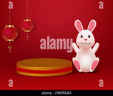 3d scene chinese new year with rabbit, lanterns and podium Stock Vector