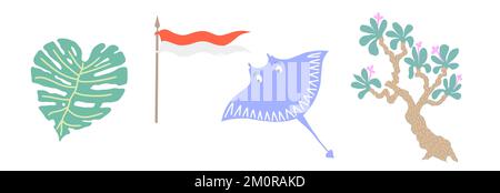 set of flat style tropical symbols -indonesia flag, monstera leaf, stingray and tree vector illustration Stock Vector