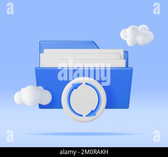 3D Blue Folder in Clouds with File Sync Icon Stock Vector