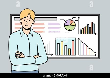 Man stands next to board for presentations, reflecting graphs, charts of development of company. Businessman prepared report based on infographics on whiteboard. Vector linear colored illustration. Stock Vector