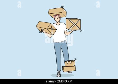 Courier carries cardboard boxes with goods on his arms, legs, head. Man delivers packed orders to customer. Guy arranges objects in house after move. Vector outline colorful isolated illustration. Stock Vector
