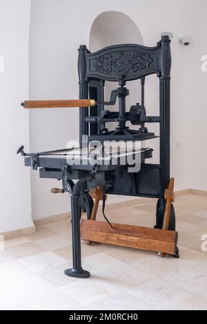 Jerusalem’s first printing press from 1833, on display at Edward and Helen Mardigian Armenian Museum located in the Armenian Quarter in the old city of Jerusalem Israel Stock Photo