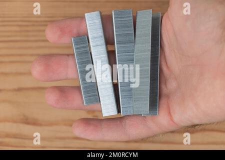 Metal staples for staple machine on in the hand of a man Stock Photo