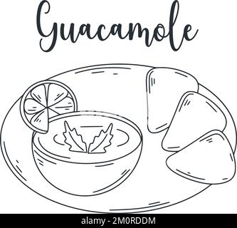 Mexican cold appetizer avocado and spices doodle illustration. Guacamole with corn chips isolated vector. Latin American food salsa Stock Vector