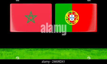 National Flags of Morocco and Portugal as glossy cards floating over a green field. 3D render. Stock Photo