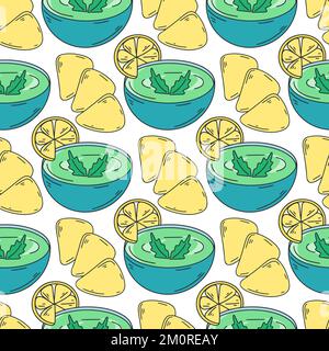 Mexican cold appetizer avocado with chips seamless pattern. Guacamole background. Latin American food print for textile, packaging, paper and design Stock Vector