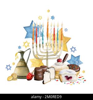Hanukkah, Jewish festival of lights watercolor illustration with holiday symbols - menorah, candles, olive oil jug, donuts, marshmallow, dreidel, coin Stock Photo