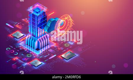 Data storage, cloud computing, computer networks communications conceptual banner. Database in image skyscraper. Digital hardware and electronics tech Stock Vector