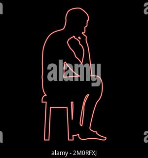 Neon thinking man sitting on a stool silhouette iconred color vector illustration image flat style light Stock Vector