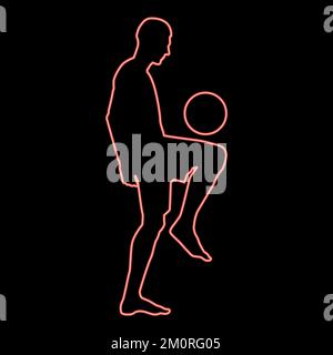 Neon soccer player juggling ball with his knee or stuffs the ball on his foot silhouette iconred color vector illustration image flat style light Stock Vector