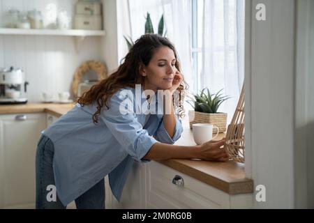 Smiling woman housewife standing in kitchen reading latest news on phone, ordering groceries online Stock Photo