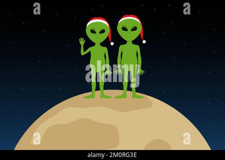 Aliens in Christmas red hats. Vector illustration. Stock Vector
