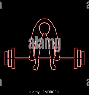 Neon muscular man weightlifter doing raising the barbell sportsman raising weights silhouette iconred color vector illustration image flat style light Stock Vector