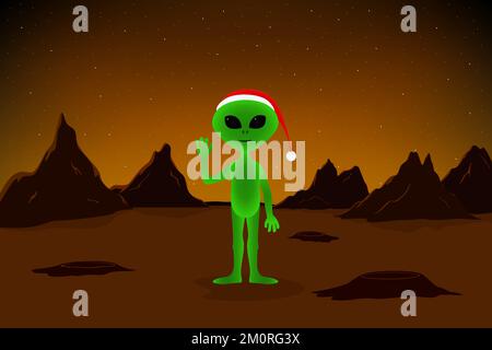 Martian in Christmas red hat. Vector illustration. Stock Vector