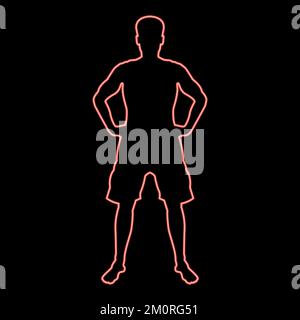 Neon man holding hands on belt confidence concept silhouette serious master of the situation front view iconred color vector illustration image flat Stock Vector