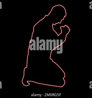 Neon man pray on his knees silhouette iconred color vector illustration image flat style light Stock Vector