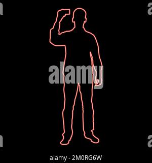 Neon man shows card in his hand business card in hand businessman silhouette iconred color vector illustration image flat style light Stock Vector