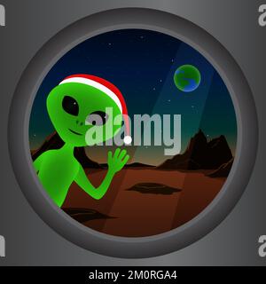 Martian in Christmas hat. New Year on Mars. Vector illustration. Stock Vector