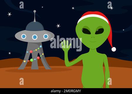 Alien in red hat. New Year on Mars. Vector illustration. Stock Vector