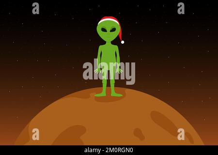 Martian in red hat. Christmas on Mars. Vector illustration. Stock Vector