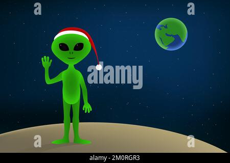 Green humanoid in Christmas red hat. Vector illustration. Stock Vector