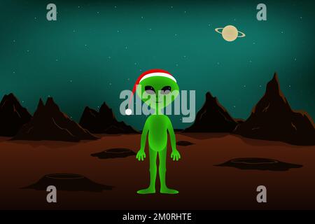 Alien in Christmas red hat. Vector illustration. Stock Vector