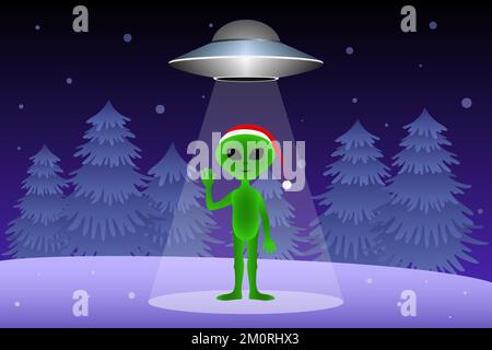 Alien and flying saucer in forest. Christmas. Vector illustration. Stock Vector
