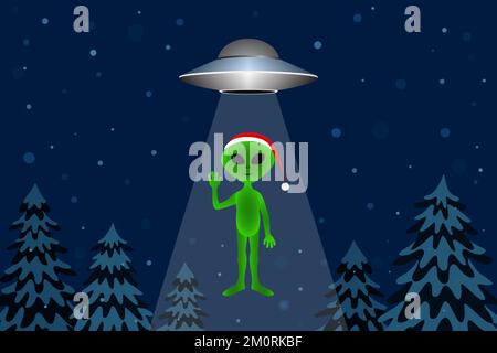 Humanoid in Christmas hat. UFO in forest. Vector illustration. Stock Vector