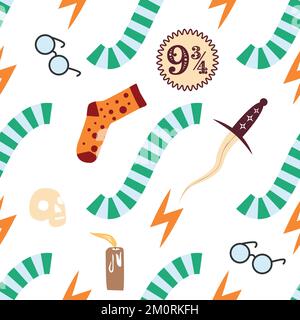 Witches school of magical objects seamless pattern in flat style. Broom, candle, skull, zipper, scarf, hat, potion, glasses knife Stock Vector