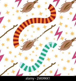 Witches school of magical objects seamless pattern in flat style. Broom, candle, skull, zipper, scarf, hat, potion, glasses knife Stock Vector
