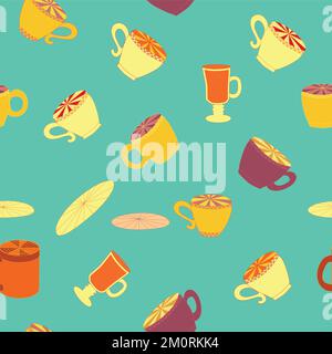 Cups and saucers bright seamless pattern. Tea, tea shop, coffee. Wallpaper, wrapping paper fabric Stock Vector