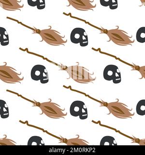 Witches school of magical objects seamless pattern in flat style. Broom, candle, skull, zipper, scarf, hat, potion, glasses knife Stock Vector