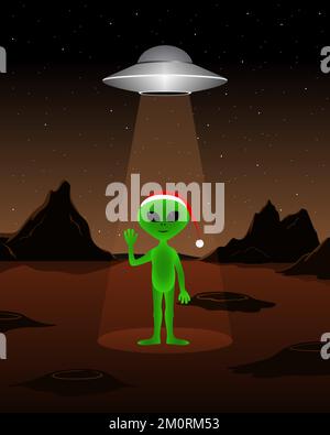 Martian in Christmas hat. New Year on Mars. Vector illustration. Stock Vector