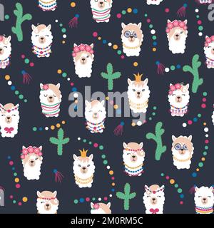 Seamless pattern with llama, alpaca faces. Cute drawings of llama head with hearts, inscription, mountains, cacti, star, dreamcatcher. Hand drawing fo Stock Vector