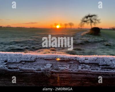 Wintry scenes near Bassetts Pole on the Warwickshire-Staffordshire border, where temperatures remained below zero after sunrise. The Met Office has issued a number of weather warnings for snow and ice for parts of Scotland, Northern Ireland, Wales and the east coast and south-west England over the coming days. Picture date: Thursday December 8, 2022. Stock Photo