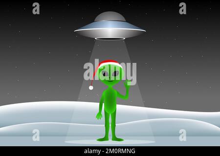 Green humanoid in Christmas hat. Vector illustration. Stock Vector