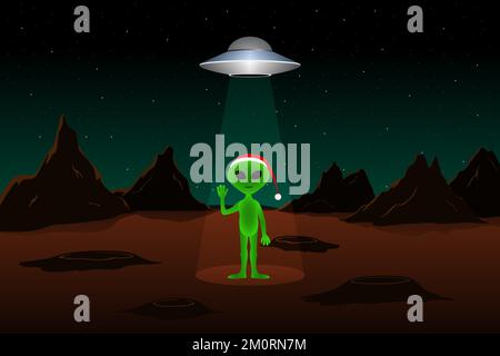 Martian in red hat. Christmas on Mars. Vector illustration. Stock Vector