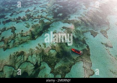 Aerial view of a red boat anchored over sand banks, Kuta Mandalika beach, Lombok, Nusa Tenggara, Indonesia Stock Photo