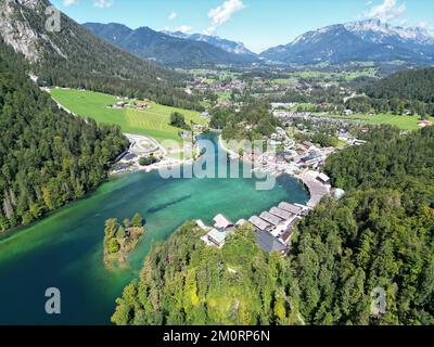 Koninsee Lake in Bavaria Germany drone aerial view summer Stock Photo