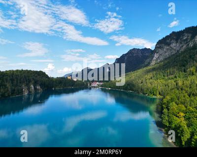 Alpsee Lake in Germany near Fussen drone aerial view Stock Photo