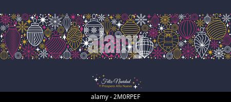 Feliz Navidad. Y Prospero Año Nuevo. Merry Christmas and Happy New Year. Holidays pattern  editable stroke. Christmas ornament baubles and snowflakes Stock Vector